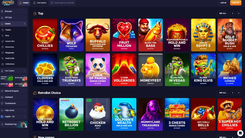Retro Bet casino lobby with popular slot games